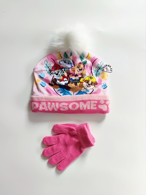 Dívčí zimní čepice s rukavicemi TLAPKOVÁ PATROLA růžová
